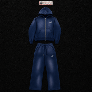 Navy Blue Washed <b>Full</b> <b>Zip</b> <b>Hoodie</b> Tracksuit Men Custom Logo Two Piece Casual Streetwear Jogging Suit Relaxed Fit Sportswear Whole - Product Image 5