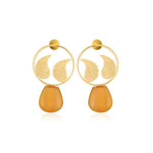 Elegant Yellow <b>Cat's</b> Eye Gemstone <b>Earrings</b> Designer Brass Fashion Jewelry for Women - Product Image 1