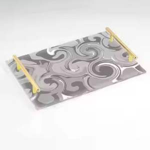 Grey Swirl Pattern Decorative Serving Tray with Gold Handles Wooden <b>Coffee</b> <b>Table</b> Tray Modern Serving Platter Home Decor - Product Image 3