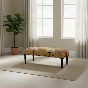 Banco Kilim de Yute y Lana Hecho a Mano con Patas de Madera Maciza – Banco Otomano Tapizado de Lujo - Product Image 1