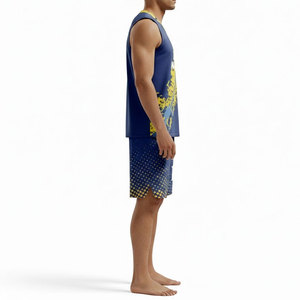 Maillot de basketball sublimé sans manches pour homme, col en V, anti-transpiration, débardeur athlétique bleu et jaune, motif peint à la main - Product Image 3
