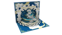 Elegante Tarjeta de Felicitación Pop-Up 3D con Impresión Digital Personalizada, Diseño Floral Azul y Dorado con Pastel, para Aniversario, Graduación, Cumpleaños
