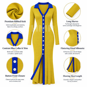 HMR Sorority Sisterhood Long Sleeve Maxi <b>Cardigan</b> Dress With <b>Button</b> Closure And Slit Contrast Color Turn-down Collar - Product Image 6