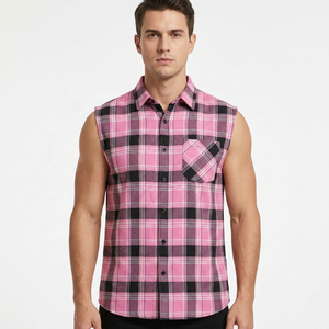 Camisa de Franela de Verano Ecológica de Alta Calidad 100% Algodón para Adultos, Sin Mangas, Cuello Camisero, Suave, a Cuadros Rosa y Negro - Product Image 1