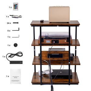 Mobile TV Angolare a 4 Livelli con Luci LED, Porta TV e Prese Elettriche, Ripiani in Legno Regolabili in Altezza per Lettori DVD/Cavi, Stile Rustico - Product Image 1