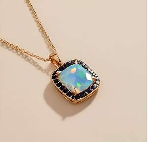 Collar con Colgante de Ópalo Halo, Plata de Ley 925, Chapado en Oro de 14K, con Acento de Espinela Negra, Joyería para Mujer - Product Image 5