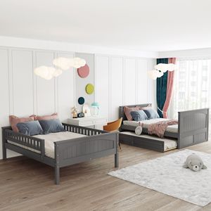 Letto a castello matrimoniale in legno di pino con letto estraibile singolo e sponde di protezione grigio spazzolato LP000044AAN Letti per bambini - Product Image 3