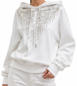Sweat-shirt à capuche oversize blanc pour femme avec imprimé géométrique à paillettes, manches longues, en coton tricoté, pour l'automne - Product Image 4