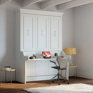 Lit Murphy blanc taille Queen, lit mural pliable moderne, meuble de chambre convertible gain de place avec étagère de rangement - Product Image 6