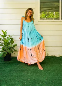 Women’s Bohemian Rayon Tie Dye Maxi Dress Sleeveless <b>Spaghetti</b> <b>Strap</b> Flowy Loose Fit Beach Vacation Dress - Product Image 2