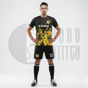 Ensemble short et maillot de football personnalisé sublimé, anti-humidité, noir et or, uniforme d'équipe, taille élastique, tenue de sport pour l'entraînement - Product Image 4