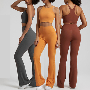 Conjunto de Yoga de 2 Piezas sin Costuras, Top Corto y Leggings de Cintura Alta, Color Sólido, Espalda Cruzada, Sin Mangas, Tela Elástica - Product Image 1