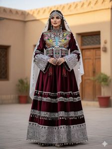 Afghani <b>Dress</b> Women Traditional Kuchi Embroidery Maxi <b>Dress</b> <b>Long</b> Sleeve Hand Embroidery Knee-Length Velvet A-Line Formal Wear - Product Image 3