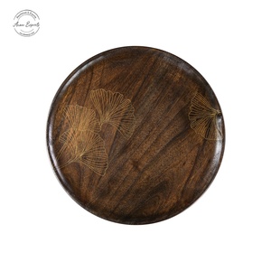 Round Acacia Wood <b>Serving</b> <b>Tray</b> With <b>Gold</b> Ginkgo Engraving Japandi Style Lacquered Finish For Table Use - Product Image 2