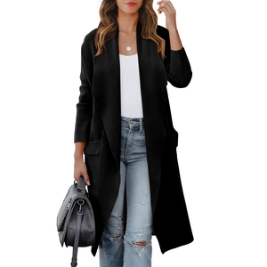Cardigan à manches longues pour femmes, couleur unie, ouvert sur le devant, avec poches, pull tricoté décontracté, longueur complète, sans col, vêtements d'hiver - Product Image 2