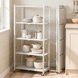 <b>White</b> <b>Metal</b> 5-Tier Storage Rack With Wheels For Kitchen Dish And Bowl Organization Standing Type Minimalist Design - Product Image 1