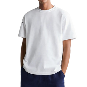 Men's <b>White</b> Short Sleeve T-Shirt 100% Cotton Regular Fit O-Neck Casual Solid Color Jersey Knitted Blank Design Left Sleeve Logo - Product Image 1