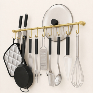 Support mural moderne doré en acier inoxydable pour cuisine, avec crochets, pour ustensiles et spatules - Product Image 6
