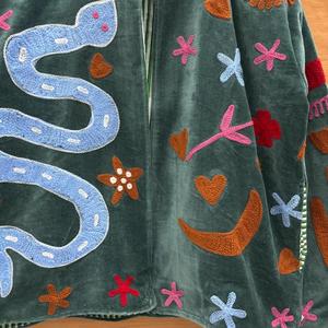 Boho Embroidered Velvet <b>Jacket</b> <b>Women</b> Oversized Snake Applique <b>Zip</b> <b>Up</b> Coat Retro Artsy Outerwear Autumn Wear - Product Image 5