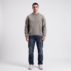 Suéter de Punto Gráfico Color Gris Topo para Hombre, Diseño Minimalista con Líneas Artísticas Bordadas, Manga Larga, Estilo Casual Urbano - Product Image 1