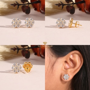 Boucles d'oreilles clous en or massif 14 carats pour femme, serties de sept diamants CVD de laboratoire, taille ronde, couleur D-E-F, clarté VVS-VS, 2,50 carats au total, motif floral. - Product Image 5