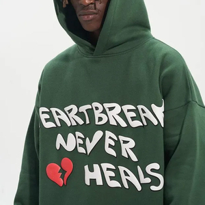 Sudadera con Capucha Extra Grande para Hombre, Diseño de Corazón Verde 'Heartbreak Never Heals', Logotipo Frontal, Sudadera de Invierno, Corte Regular, Tejido de Nailon/Cachemira - Product Image 5