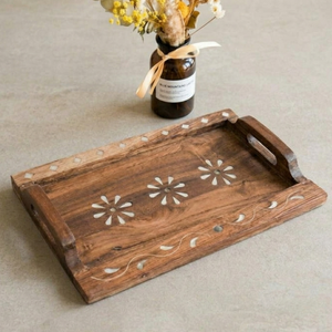 Bela Artisan Handcrafted Wood Serving Tray with Handle Decorative Floral Design White Inlay-<b>Coffee</b> <b>Table</b> Use Wedding Diwali Gift - Product Image 1