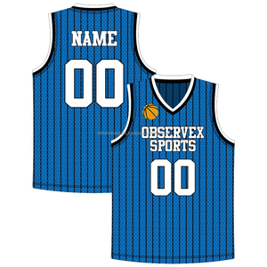 OBSERVEX SPORTS Camiseta de Baloncesto Personalizada Sublimada con Cuello en V, Camiseta sin Mangas a Rayas Azules, Transpirable, Unisex para Adultos - Product Image 1