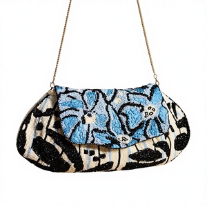 Luxury Handmade Fashion Blue Floral Beaded Nylon Shoulder Bag Women Chain Strap Evening Clutch Designer Embroidery Party Handbag - Product Image 1