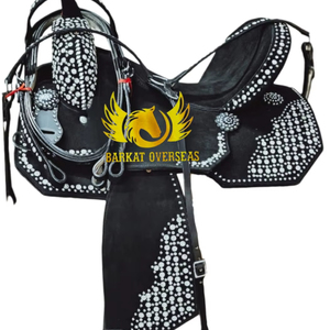 Silla de montar western personalizada de cuero genuino con cristales, duradera, con cantle alto, asiento cómodo y logotipo personalizado. - Product Image 1
