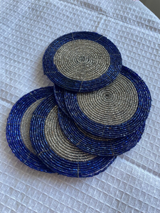 Set of 6 Eco-Friendly Luxury Vintage Beaded <b>Coasters</b> Blue <b>Silver</b> Tribal Boho Decor by Whimsy Art Craft Seed Bead & Cotton - Product Image 3