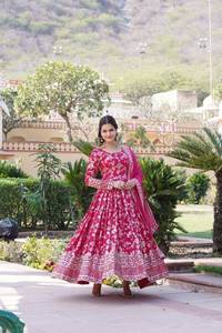 Foil Print Flared Kurta Set For Women Ethnic Gown Style Dress With Dupatta Festive Wear Collection - Product Image 6