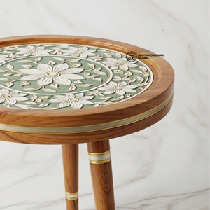 Green Meena Design Wooden <b>Stool</b> – Handcrafted Round Decorative Tripod <b>Stool</b> - Product Image 6