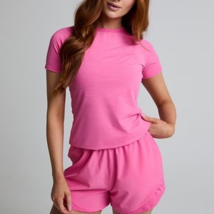 T-shirt à manches courtes col rond rose pour femme, coupe ajustée, séchage rapide, tricoté en polyester, décontracté, pour le printemps et l'été - Product Image 3