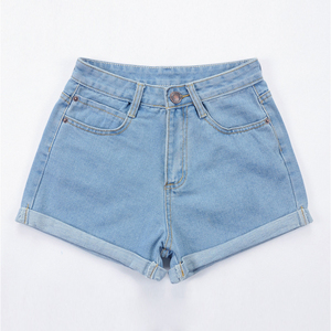 Shorts en jean taille haute pour femme, coupe droite, décontracté, style été, couleur unie, tissu en coton - Product Image 1
