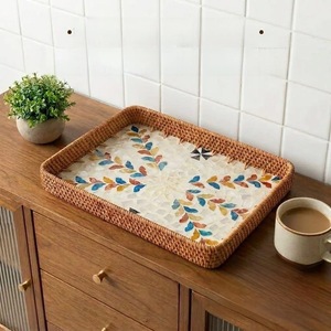 Handwoven Rattan <b>Storage</b> Tray Rectangle Bohemian Mosaic Design Decorative Organizer for <b>Table</b> Use - Product Image 5