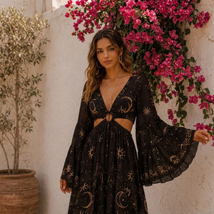 Women Boho <b>Bell</b> Sleeve Maxi Dress Viscose Polyester Woven Breathable Anti-Pilling Long Dress - Product Image 4