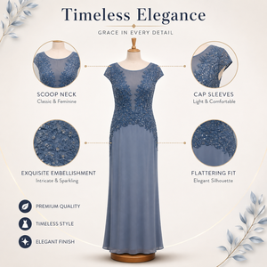 Elegant Dusty Blue Embroidered Evening Gown for Women Scoop Neck Cap Sleeve Formal Maxi Dress Party Wedding Guest Prom Dress - Product Image 5
