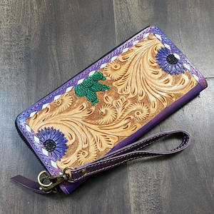 Trending Vintage Style Colorful Floral Cactus Design <b>Women</b> <b>Clutches</b> Tooled Genuine Leather Slim Card Holder Wallet for Daily Use - Product Image 2