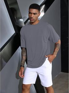 T-shirt décontracté gris en coton à manches courtes pour homme, col rond, coupe classique, en jersey uni respirant, couleur unie - Product Image 3