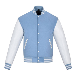 Chaqueta Varsity Azul Claro Personalizada para Hombre, Cuerpo de Lana, Mangas de Cuero Blanco, Bloques de Color, Cuello Alto, Cierre de Botones, Estilo Deportivo, OEM - Product Image 1