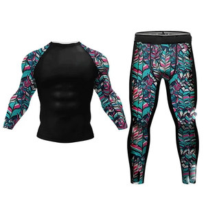 Men's Sublimation Rash Guard Set Long Sleeve Shirt Leggings Quick Dry MMA Fighting Wear Kit Colorful <b>Feather</b> Print - Product Image 2