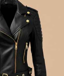 Veste de motard en cuir noir pour femme, faite à la main, coupe ajustée, en cuir véritable, avec détails matelassés aux épaules et ferrures dorées - Product Image 3