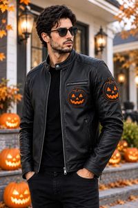 Blouson en cuir pour homme, col mandarin, motif citrouille brodé, style motard, fermeture éclair, séchage rapide, respirant - Product Image 2