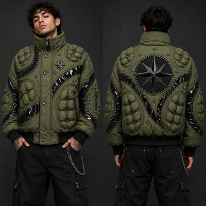 เสื้อแจ็คเก็ตพัฟเฟอร์สีเขียวมะกอกแบบสั่งทำพิเศษ พร้อมแผงตกแต่งแบบติดกระดุม และลายพิมพ์ดาวพร้อมเข็มทิศ สำหรับสวมใส่ในฤดูหนาวแบบ unisex - Product Image 5
