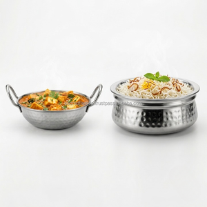 Ensemble de vaisselle indienne en acier inoxydable martelé, comprenant un wok Karahi et un bol Handi Biryani, pour la restauration, vente en gros - Product Image 5