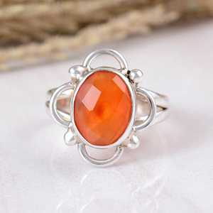 Handmade 925 Sterling <b>Silver</b> Orange Carnelian Unisex Bezel Set Natural Oval Gemstone Boho-Chic <b>Statement</b> Band Vintage <b>Ring</b> - Product Image 1