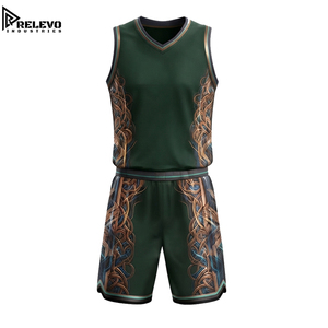 Ensemble maillot et short de basketball col en V OEM, uniforme de sport vert forêt avec filigrane bronze et impression sublimée tissée - Product Image 1