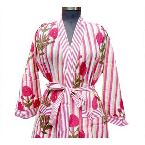 Robe de chambre femme en coton à rayures, coupe kimono décontractée, col en V, avec ceinture, longueur intégrale, pour la maison et la plage - Product Image 3