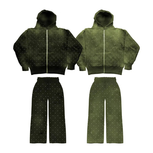 Ensemble de survêtement élégant à capuche orné de strass, veste zippée à manches longues et pantalon de jogging assorti, tenue de sport pour l'entraînement et le fitness - Product Image 1